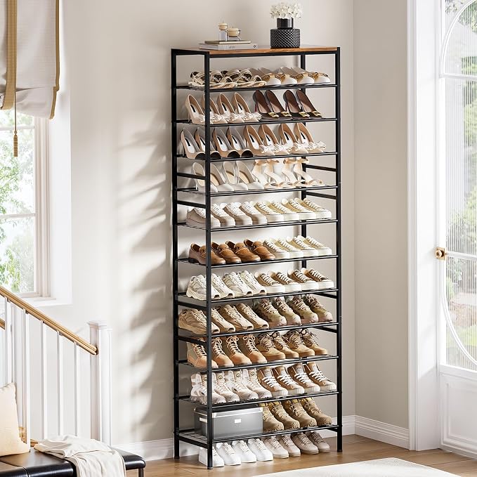 12-Tier Tall Shoe Rack Organizer Shoe Storage for Entryway 40-48 Pairs Metal Shoe Rack for Closet Heavy-Duty Shoe Rack with Wooden Top Shelf for Garage Rustic Brown