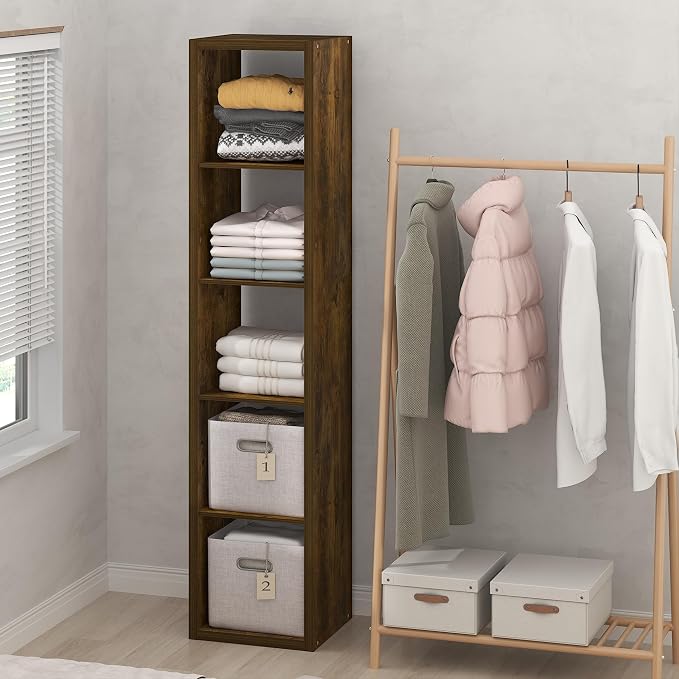 Furinno Cubic Extra Thick 5-Cube Closet Organizers and Storage, Amber Pine | 14.6 x 16 x 72 in, Open Shelf Closet Storage, Closet Organizer, for Wardrobe, Bedroom, Living Room