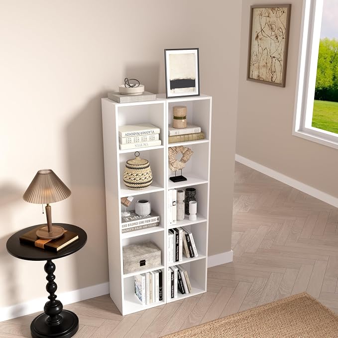 5-Tier Wooden Cube Storage Organizer, 52 Inch Tall Bookcase & Display Shelf with 5 Open Cubes, Freestanding DIY Closet Shelving Unit for Living Room Bedroom Office (White, 5 Cube-W(11.8inch)