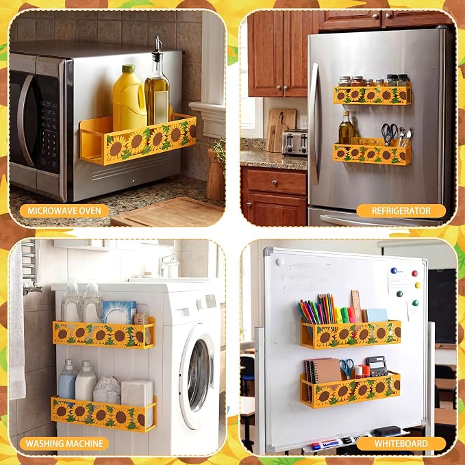 Beeveer 2 Pack Magnetic Spice Rack for Refrigerator Metal Magnet Basket Shelf for Fridge Seasoning Storage Organizers Home Decor Kitchen Accessories (Sunflower)