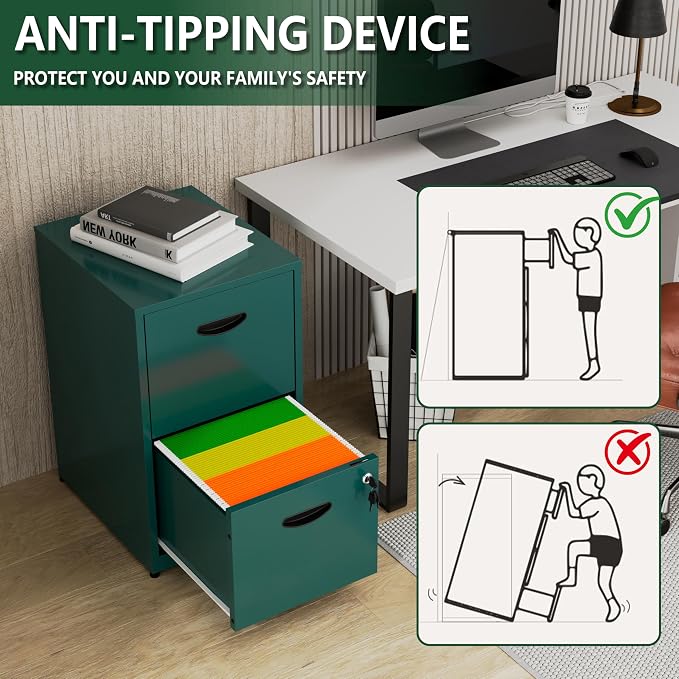 Polup 2 Drawer File Cabinet with Lock, Office File Cabinet with Drawers for Under Desk, Small Filling Cabinet for Home Office, Green, Assembly Required