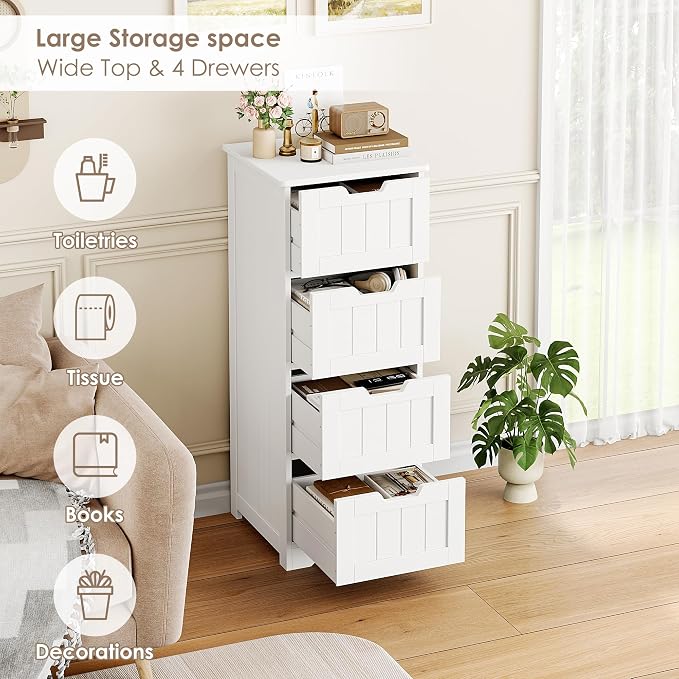 FOTOSOK Bathroom Storage Cabinet, Bathroom Cabinet with 4 Drawers, 11.8 x 11.8 x 32.5 Inches Small Bathroom Storage Cabinet, Freestanding Floor Bathroom Organizers and Storage for Entryway, White