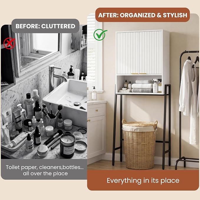 25" W Over The Toilet Storage Cabinet with Fluted Door,Bathroom Organizers and Storage with Adjustable Shelves, Modern Over Toilet Organizer for Bathroom,Restroom,Laundry,White