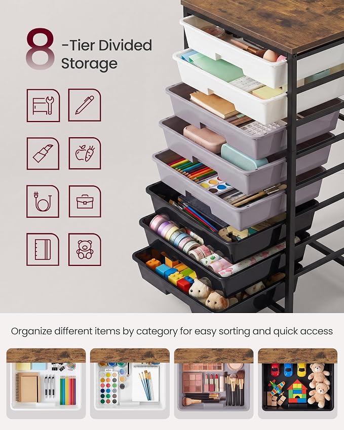 VASAGLE 8-Drawer Rolling Storage Cart, Utility Cart with Wheels and Wood Top, Craft Organizer for Office and Home, 15.6 x 11.2 x 30.1 inch, Black, BENCO Collection ULRC006B101