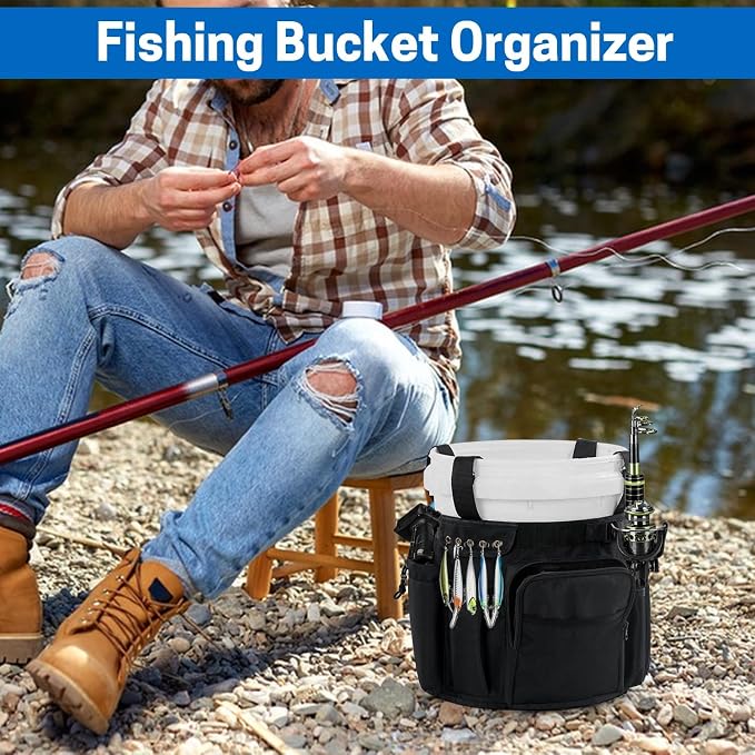 VISEMAN Fishing Bucket Organizer for 5 Gallon Bucket, Waterproof with 3 Rod Holders, Padded Handle, Multi-Pocket Tool Caddy for Ice, Bank, and Sea Fishing