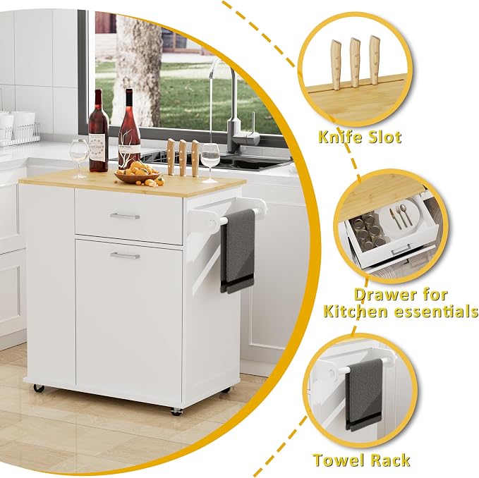 HQZX Rolling Kitchen Island with Trash Can Storage, Portable Kitchen Island on Wheels with Towel Rack & Spice Rack, Tilt Out Trash Can Cabinet with Drawer, Mobile Island Cart (White)