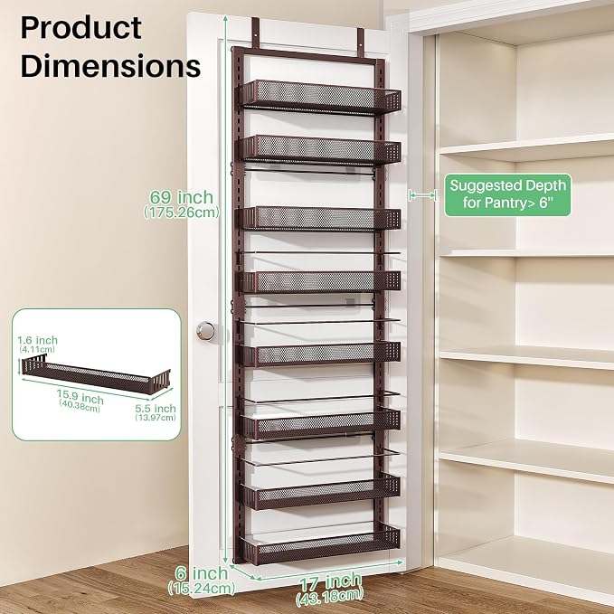 SNTD 8 Tiers Over the Door Organizer - Height Adjustable Pantry Organizers and Storage with Dense Mesh Baskets, Anti-Swing Hanging Door Spice Rack for Kitchen Bathroom (Bronze, 17" W x 6" D x 69" H)