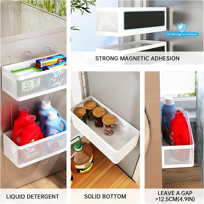Magnetic Shelf for Washing Machine, White, L11in*W4.9in*H3.9in | Magnetic Organizer for Laundry, Hanging Basket Storage, Magnetic Fridge Shelves, Spice Rack for Refridgerator, 16.5-lb load