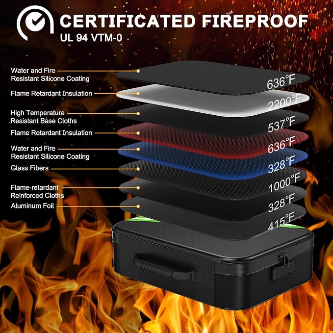 Noiposi 5200℉ Fireproof Document Box with Lock 16.1"x11.4"x4.3" | Portable ,Home ,Travel Water Resistant Document Storage Organizer with for Important Documents and File ,Black