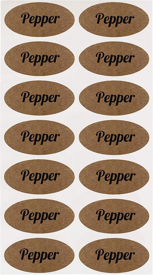ChromaLabel 1 x 2 Inch Oval Kraft Pepper Labels for Spice Jars, 112 Pack | Natural kraft oval labels for salt jars, spice containers, pantry storage and kitchen organization. Made in USA