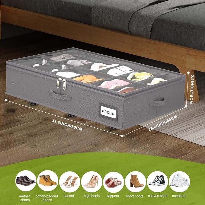 homyfort Under Bed Shoe Storage with Wheels, Fits 24 Pairs, Rolling Shoe Organizer with Bottom Support & Clear Lids, Sturdy Under Bed Storage Box for Shoes, Set of 2, Grey