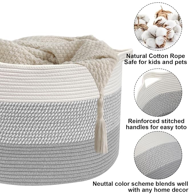 90L Extra Large Blanket Basket,Woven Rope Laundry Basket Hamper with Handles, Decorative Nursery Basket Storage Bin for Toys, Clothes Organizer, Living Room, Bedroom, Bathroom, Grey