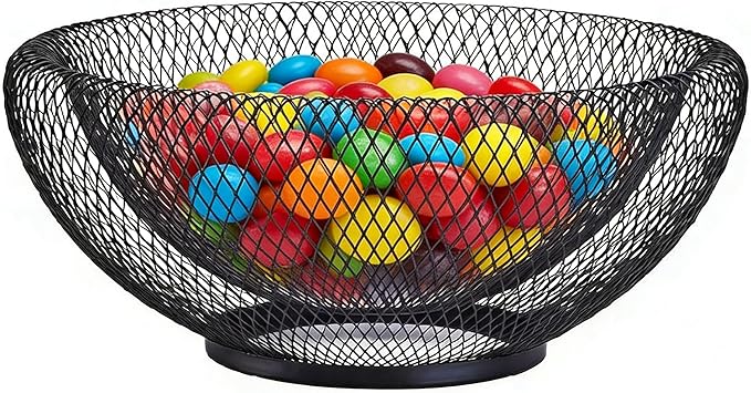 Modern Black Wire Mesh Decorative Bowl – Openwork Fruit Basket for Bread, Snacks, Storage Tray for Kitchen, Living room and home décor. (10”x4”)