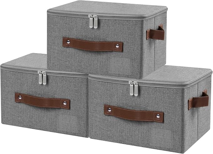 ANMINY Small Fabric Storage Box Bins with Zipper Lid, Washable Gray, 3PCS | Cotton Linen Fabric, PP Board Frame, Label Holder, Stackable & Foldable, PU Handles, Dual-Zipper 3-Side Open Lid