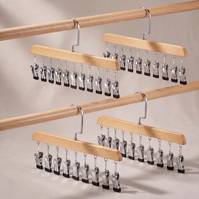Novabright 4 Pcs Closet Organizers with 10 Clips Hat Pants Scarf Socks Hangers Wood Space Saving Rotating Hanging Hangers Clothespins with Padded Clips for Leggings Bra Tie Belt Jeans Skirt (Wood)