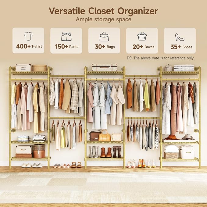 H5 Wall Mounted Closet System, Industrial Pipe Clothes Racks Clothing Rack with 4 Telescopic Rods & 3 Fixing Rods & 9 Shelves, Heavy Duty Closet Organizers and Storage in Wardrobe Closet (Gold)