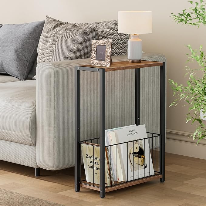 Homleke Narrow Side Table with Magazine Holder, Skinny End Table | Space-Saving Design, Small Spaces, Storage Shelf, Metal Frame, Easy Assembly, 7.1" D x 16.9" W x 23.6" H, Rustic Walnut