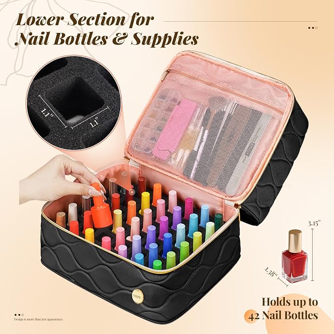YOREPEK Nail Polish Bag Holds 42+ Bottles (15ml/0.5 fl.oz) and Nail Stuff | 2-Layer Nail Travel Case with Compartments for Nail Stuff, Nail Tech Organizers and Storage for Supply, Gifts for Manicurist