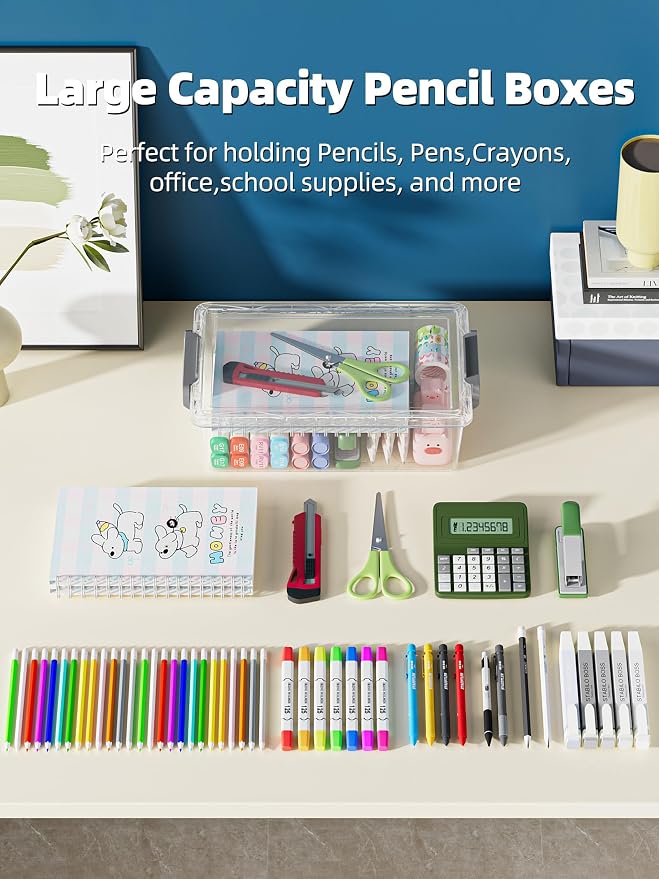 BiuLeon 4 Pack Extra Large Pencil Box, Plastic Pencil Case Organizer, Clear Crayon Box Marker Organizer, Stackable Craft Organizers and Storage for Pen, Craft, Art Supply(Green)