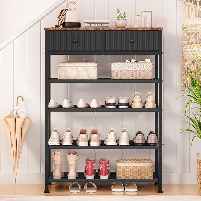 usikey Shoe Rack, 5 Tier Shoe Storage Organizer with 2 Drawers, Metal Shoe Shelf for 12-16 Pairs of Shoes, with 4 Oxford Fabric Shelves and Wooden Top, Shoe Stand for Closet Entryway, Black