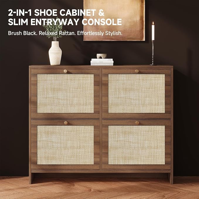 Nicetree Shoe Cabinet Storage for Entryway, 4-Flip Drawer Narrow Shoe Rack with Adjustable Shelves, Boho Modern Square Rattan Shoe Organizer, Slim Wood Storage Cabinets for Small Spaces Fits Size 13.5
