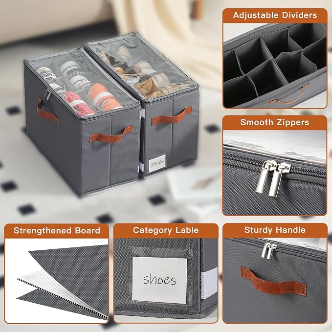 2 Pack Shoe Organizer for Closet, Foldable Shoe Storage Organizer with Adjustable Dividers and Clear Cover, Stackable Fabric Closet Shoe Organizer Storage Box Fits 16 Pairs, Gray