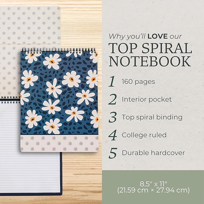 Steel Mill & Co Large Top Spiral Notebook College Ruled, 11" x 8.5" with Durable Hardcover and 160 Lined Pages (Leopard Daisy)