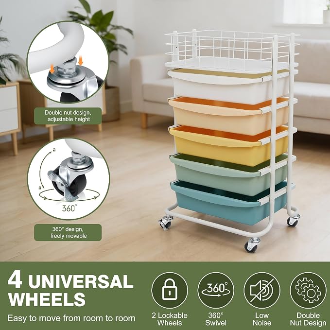 Rolling Storage Utility Cart Organizers with 5 Drawers and Metal Tabletop | 6-Tier Storage Craft Carts with Colorful Drawers and Wheels for Office, Bathroom, Bedroom, and Classroom Organization