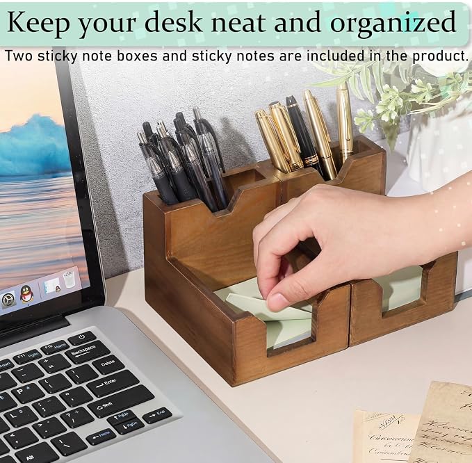Crtiin 2 Pack Wood Sticky Note Holder, Walnut Color 2-in-1 Pen and Sticky Note Dispenser with 200 Sheets 3x3" Sticky-Notes, Elegant Desk Organizer for Office Home School Dorm Room