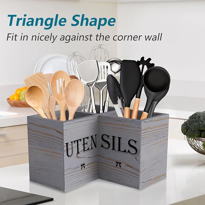 Suli Extra Large Utensil Holder Countertop for Kitchen Counter,Grey Grain | Hold 40 Utensil,Removable Divider,Rutic Silverware Organizer Caddy,Spacesaving,Farmhouse Cooking Crock for Spatula,Spoon,Wood
