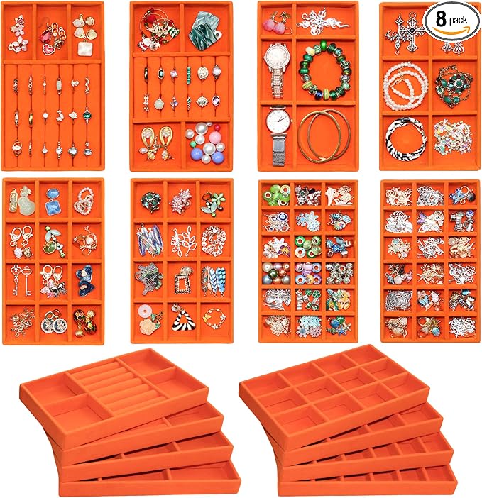Jewelry Organizer Tray Set of 8, Stackable Velvet Jewelry Trays with Removable Dividers, Drawer Inserts Earring Organizer for Women, Jewelry Storage Display Case for Rings Necklaces Bracelets, Orange