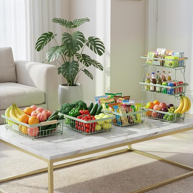 3 Tier Fruit Basket with 2 Banana Hangers, Countertop Fruit Vegetable Stand Produce Holder Organizer for Onion Potato Bread Snack Veggie Green