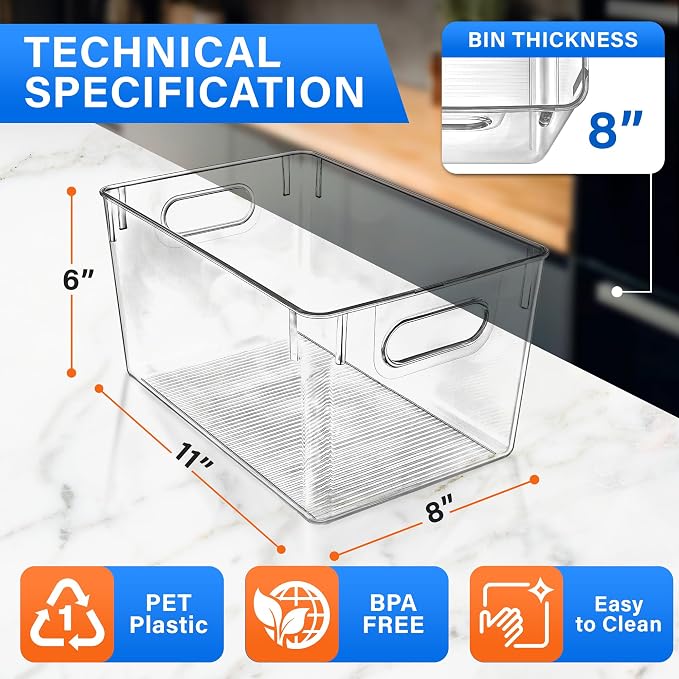 Lifemaster Multi-purpose Refrigerator Bins - 8 pieces Large Capacity Stackable Fridge Bin Organizer with Easy Grip Handles - Clear
