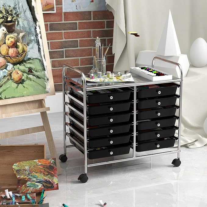 LDAILY 12 Drawer Rolling Storage Cart, Craft Cart Organizer on Wheels w/Metal Frame, Large Capacity & Smooth Drawer, Rolling Cart w/Drawers for Classroom, Office