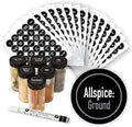 AllSpice Ultimate Spice Label Set 525 Preprinted Water Resistant Round Spice Jar Labels Set 1.5" with Extra Fine White Paint Pen(Modern Black)