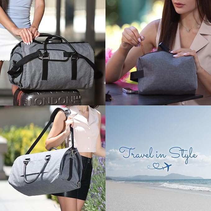 Convertible Garment Duffel Bag for Travel, Large Carry On Weekender Bag with Hanging Clothes Feature, Overnight Travel Duffle Bag for Women with Shoe Compartment (Gray)