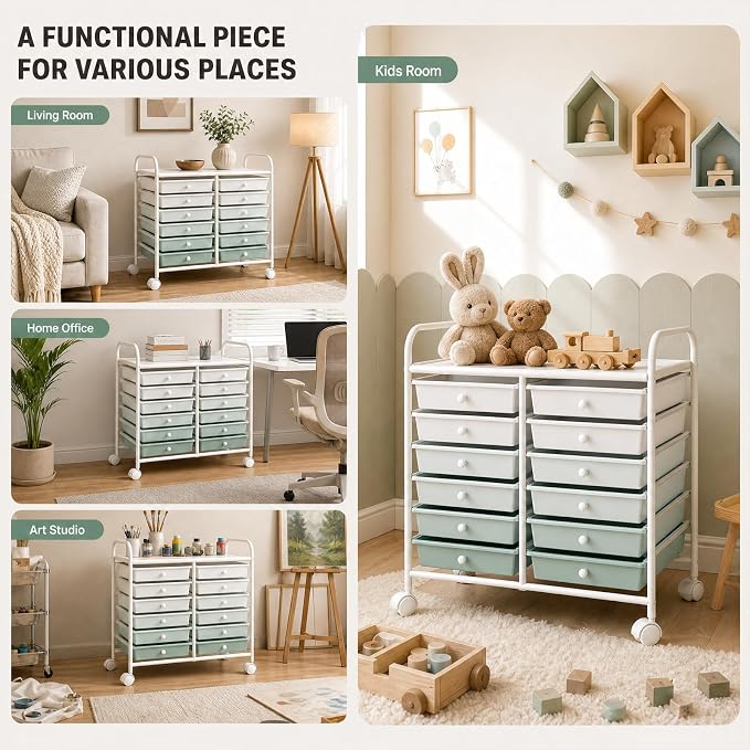 GOFLAME 12-Drawer Rolling Storage Cart, Art Craft Organizer Cart, Mobile Utility Storage Cart with Removable Drawers & Lockable Wheels, Craft Cart for Home Office School, Green Gradient