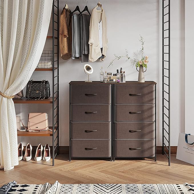 ODK Small Dresser for Bedroom with 4 Storage Drawers, Brown | Dresser Chest of Fabric Drawers with Sturdy Steel Frame for Small Space, Wood Top
