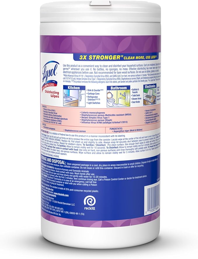 Lysol Disinfecting Wipes, Multi-Surface Cleaner, Lavender, 80 ct. | All Purpose Cleaner, Sanitizing, Deodorizing, Apartment Essentials, Back To School Cleaning Supplies, Kitchen & Bathroom Wipe
