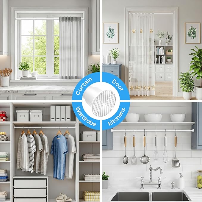 Spring Tension Rods 24-46 Inch, 2Pcs White Adjustable Tension Curtain Rod, Spring Curtain Rods No Drilling Expandable Pressure Spring Tension Rods for Curtains, Closet, Kitchen, Doorway