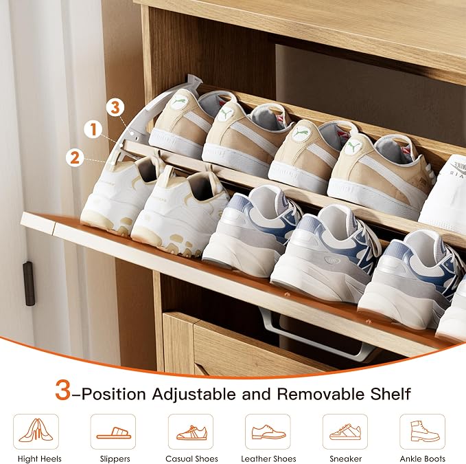 Nicetree Shoe Cabinet for Entryway, 3 Flip Drawers Shoe Storage Cabinet with 3-Tier Adjustable Shelves, Ultra Slim Freestanding Hidden Shoe Organizer with Barn Door Design, Caramel Brown
