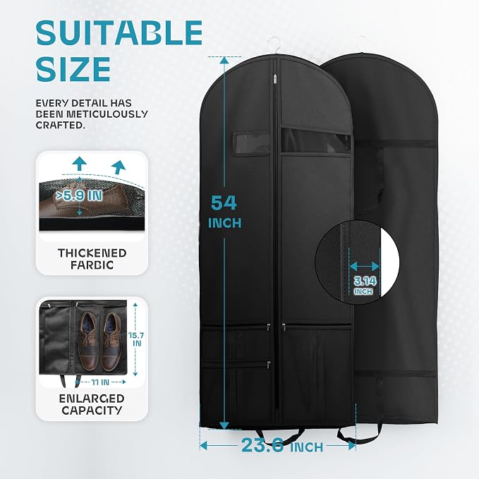 Lazebox 54" Travel Garment Bag with Accessories Zipper Pocket, Heavy Duty Suit Bag for Suits, Tuxedos, Dresses, Coats, Black, 1 pack