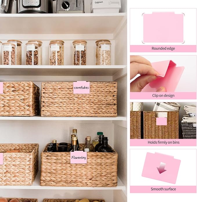 34 Pcs Basket Labels Clip on Set, Include 32 Kitchen Clip Label Holder Removable Storage Bin Labels with 2 Black Marker for Storage Bins Organization Box (Pink)