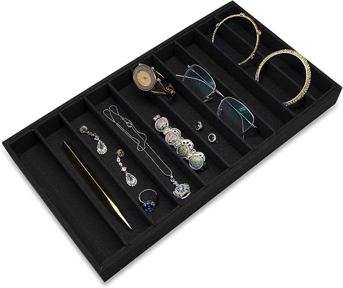 The Display Guys - Stackable Jewelry Tray and Organizer - for Drawers, Dressers, Store Display (10 Compartments, Black Burlap)