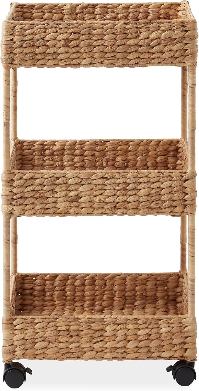 Casafield 3-Tier Rolling Storage Cart - Natural, Water Hyacinth Nursery Caddy, Utility Cart for Bathroom, Craft Room, Laundry Room Organization