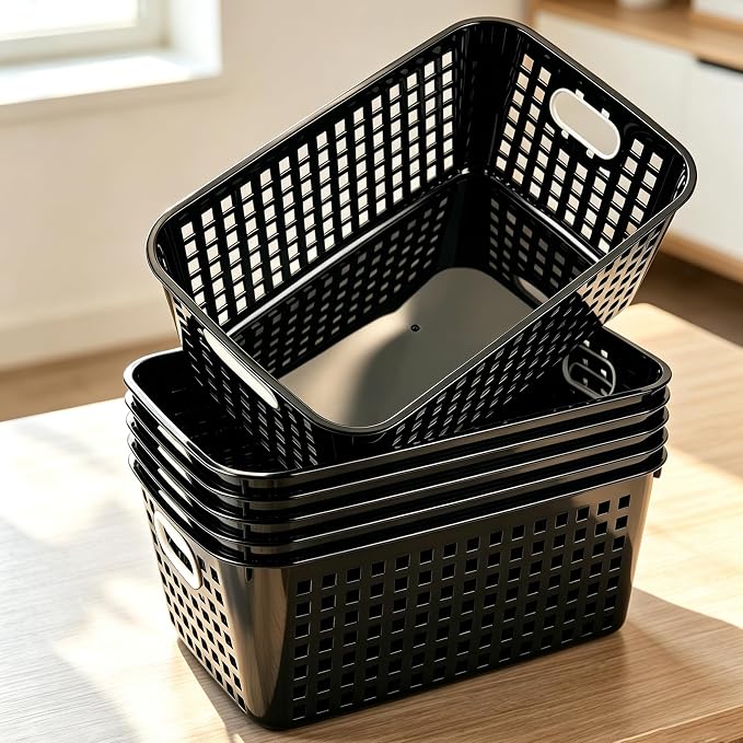 6 Pack Plastic Classroom Storage Baskets, Organizer Bins with Handle | Black Color 11" × 7.1" × 4.6" Medium Papers Book Storage Organizer for School Classroom Library Office Home Desktop Bookshelf