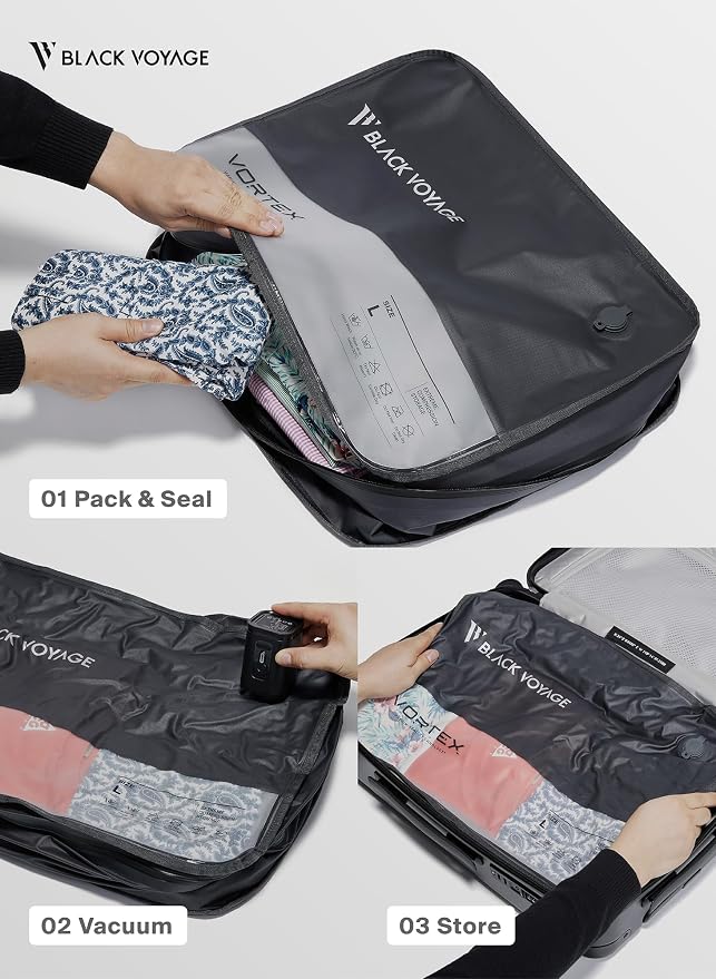 Black Voyage Reusable Vacuum Compression Travel Bag for Carry-On Suitcase and Backpack, Recycled IPX8 Waterproof Space Saver Vacpack (2-Pack, 41L - Pump Included)
