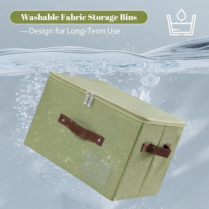 ANMINY Small Fabric Storage Box Bins with Zipper Lid, Washable Green | Cotton Linen Fabric, PP Board Frame, Label Holder, Stackable & Foldable, PU Handles, Dual-Zipper 3-Side Open Lid