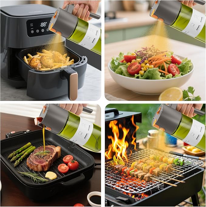 LAKUMIQI 2 in 1 Oil Sprayer & Dispenser, 17 oz Light-Blocking Glass Bottle | Large Capacity, Wide-Mouth for Easy Pouring and Cleaning, Leak-Proof Oil Bottle with Stickers for Salads, Air Fryers, BBQ
