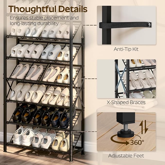YATINEY 8-Tier Tall Shoes Rack, Slim Shoe Organizer for Entryway, Large-Capacity Thin Shoe Rack for Closet, Narrow Shoe Storage Shelf Holds 24-32 Pairs, Space Saving, Black and Rustic Brown SS26BR